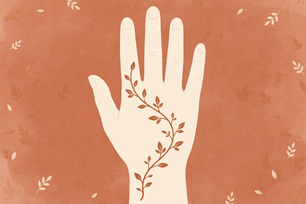 Illustrated simple beginner mehndi design with back of hand vine trail and leaves