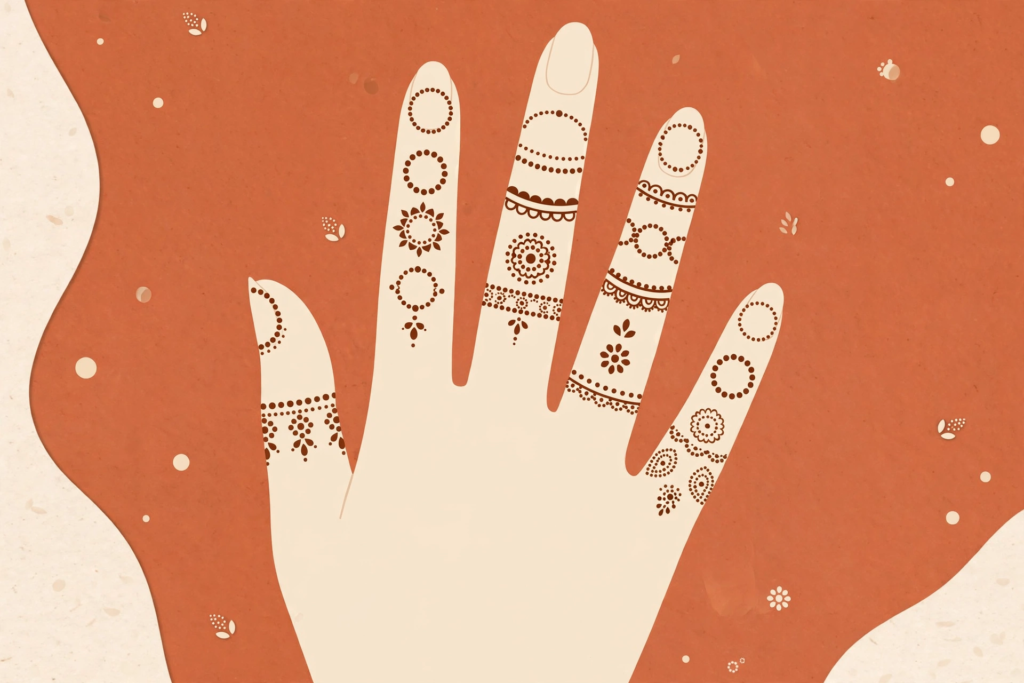 Illustrated quick finger mehndi design with small dots and rings