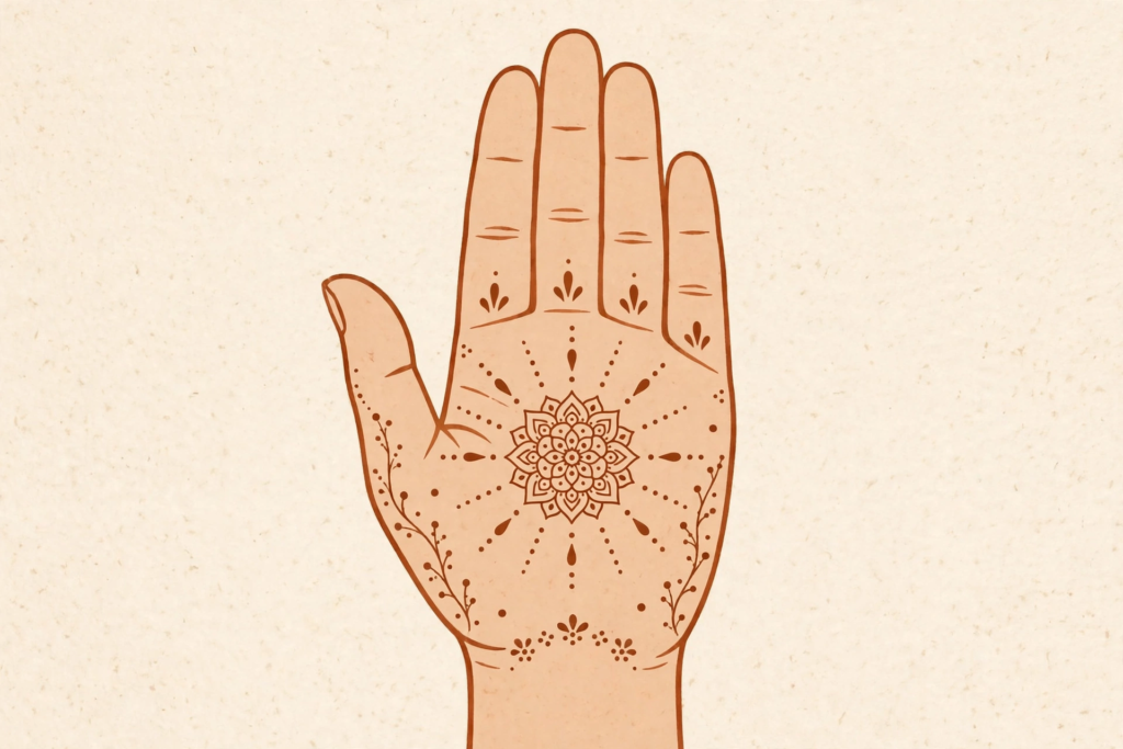Illustrated simple beginner mehndi design with small front palm mandala and dots