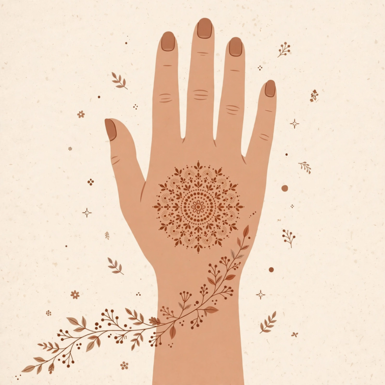 Illustrated back of hand with a simple mehndi mandala, dots and vine trail