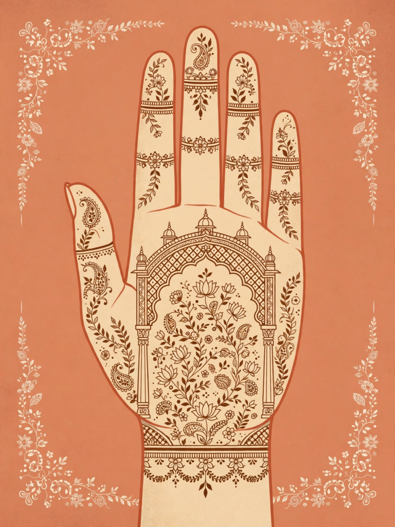 Illustrated royal front hand mehndi design with jharokha arch and floral fill