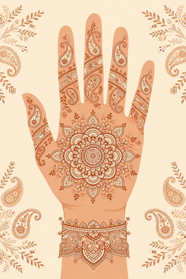 Illustrated front palm with royal mehndi mandala, paisley and wrist cuff