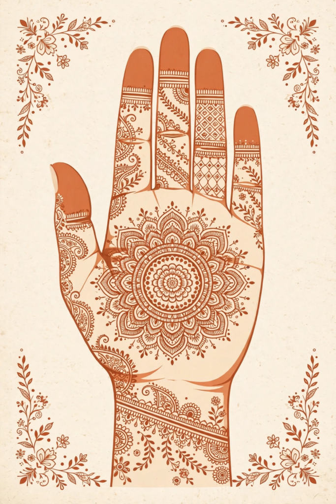 Illustrated royal front hand mehndi design with central mandala