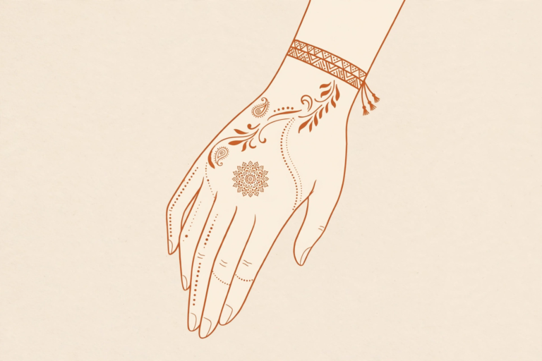 Illustrated hand with a minimal aesthetic mehndi design, tiny mandala and wrist band