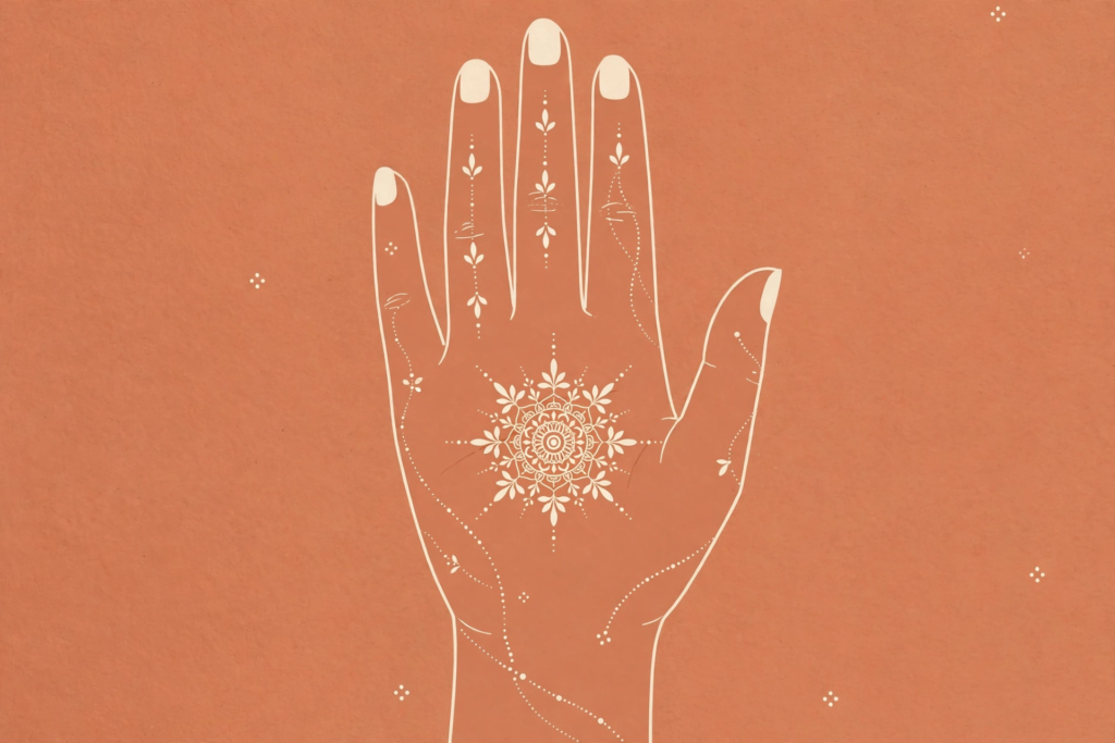 Illustrated minimal aesthetic mehndi design with tiny front hand mandala and dots