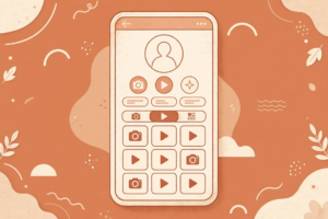 Illustration of a phone showing a generic creator social profile with camera shapes