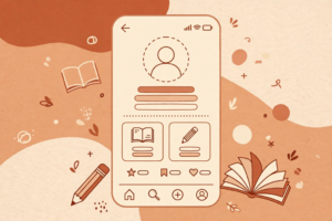 Illustration of a phone showing a generic student social profile with book shapes