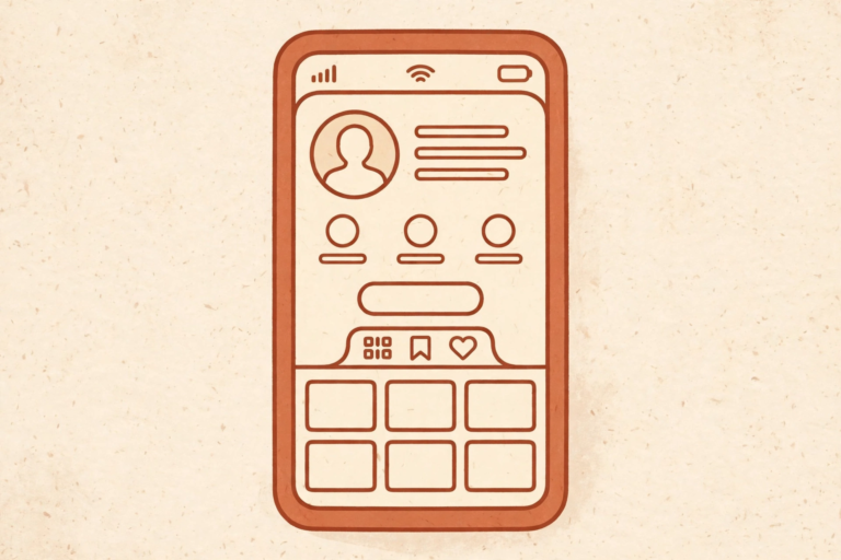 Illustration of a phone showing a generic social profile with a blank avatar placeholder