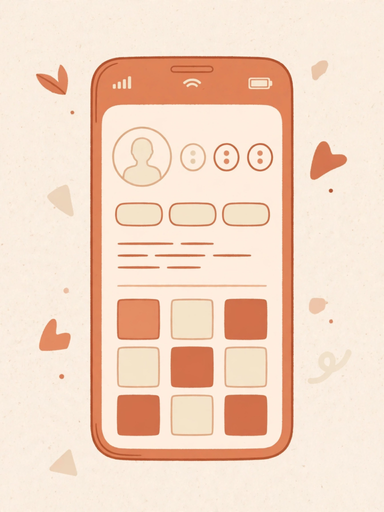 Illustration of a phone showing a generic simple clean social profile with minimal shapes