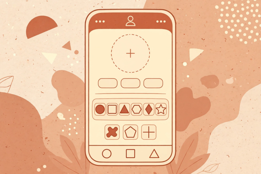 Illustration of a phone showing a generic social profile with a style picker of shapes