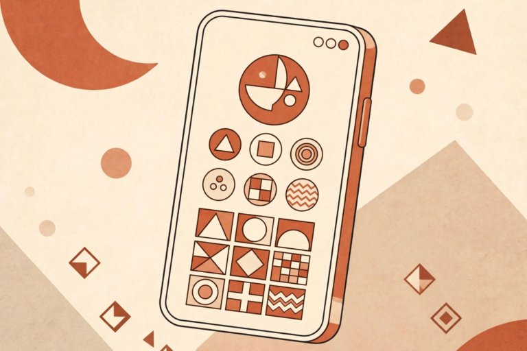 Illustration of a phone showing a generic profile screen with geometric shapes