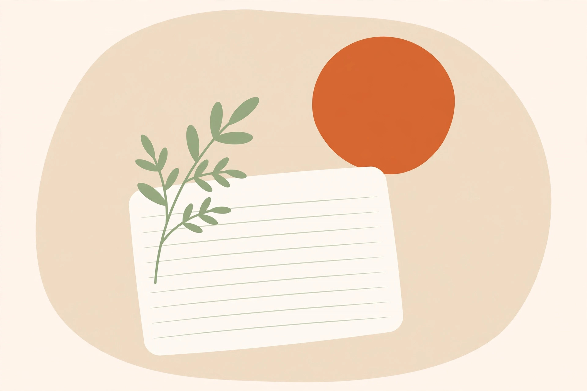 Decorative lifestyle illustration with a notebook, leaf sprig and terracotta circle
